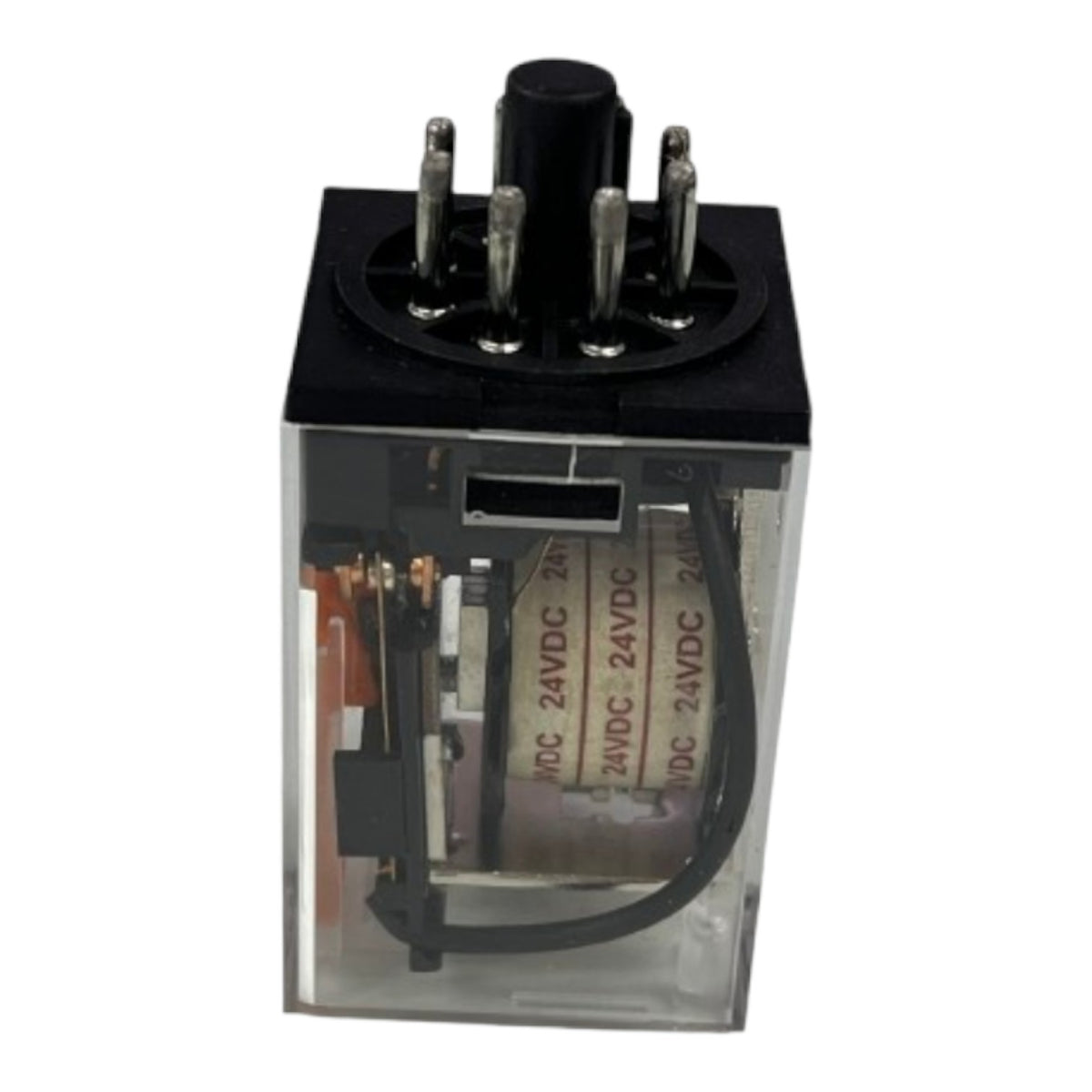 A 5-pin electrical relay with a black plastic top and a clear acrylic side housing, showing internal contacts and coils on a white background.