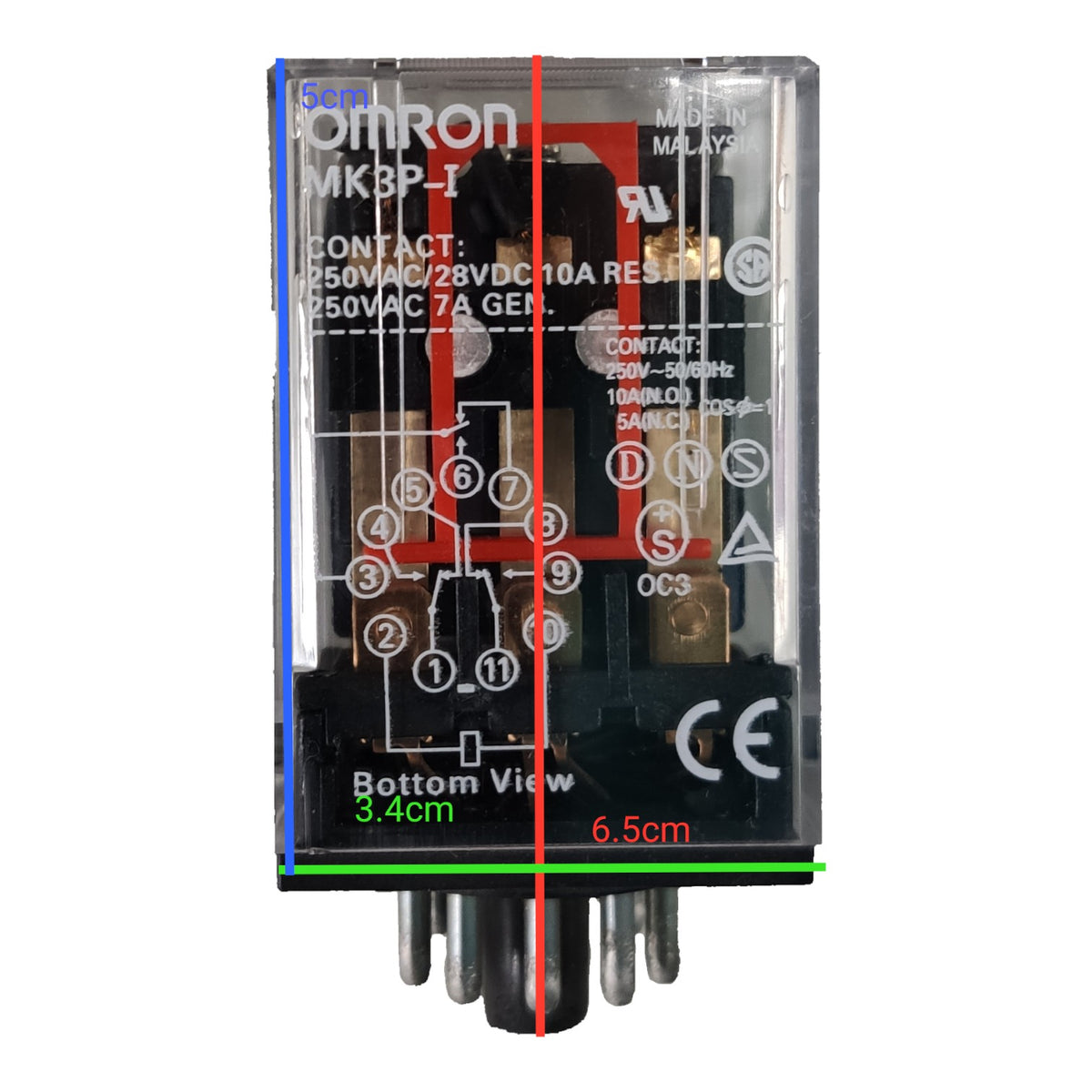 A Tomron MK3P-I 5V/10A relay shown in a clear plastic case with technical markings, internal red and black components, and measurement overlays indicating 3.4cm width, 6.