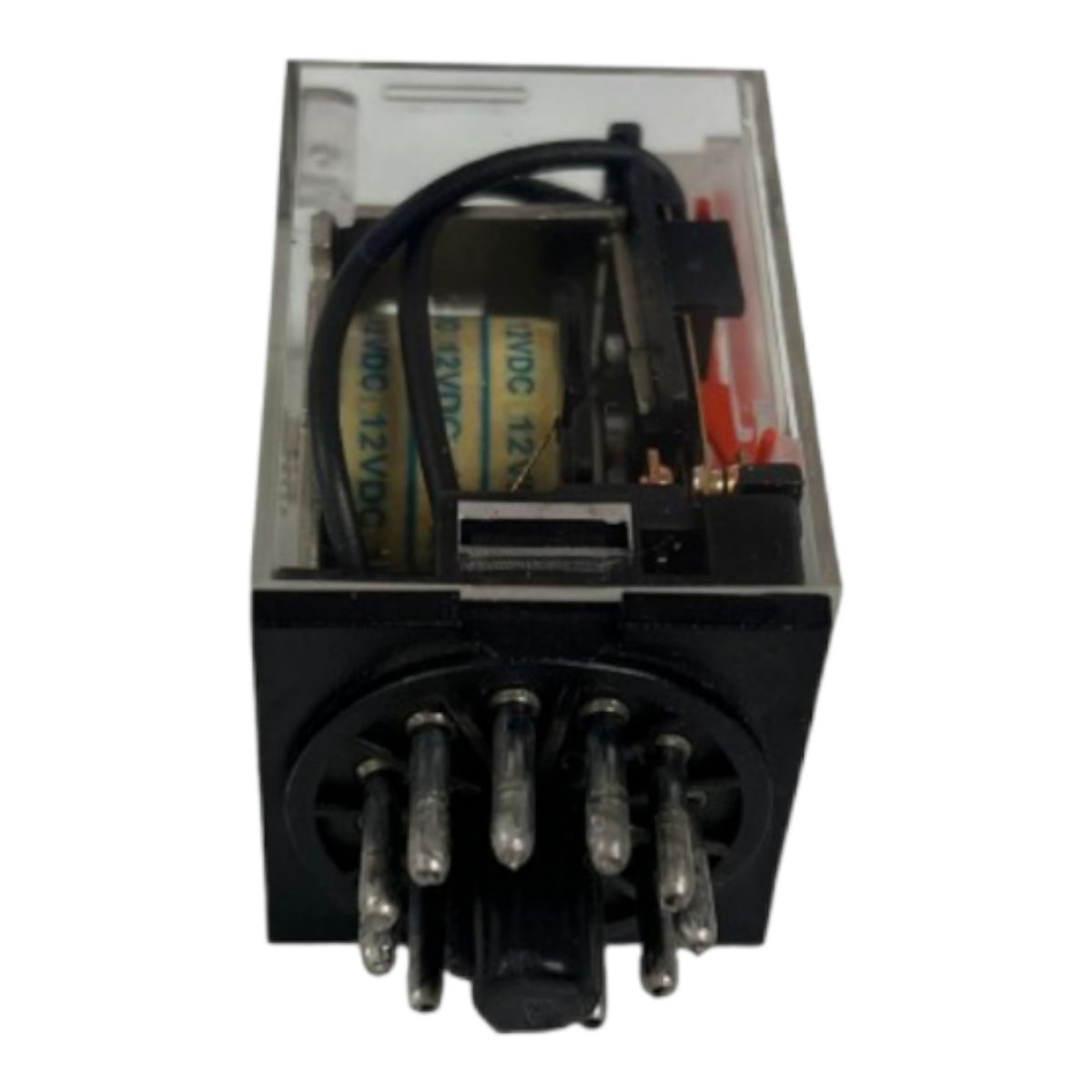 A black electrical relay with a clear plastic cover, showing internal components including yellow wound coils and black wiring, on a white background.