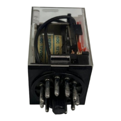 A black electrical relay with a clear plastic cover, showing internal components including yellow wound coils and black wiring, on a white background.