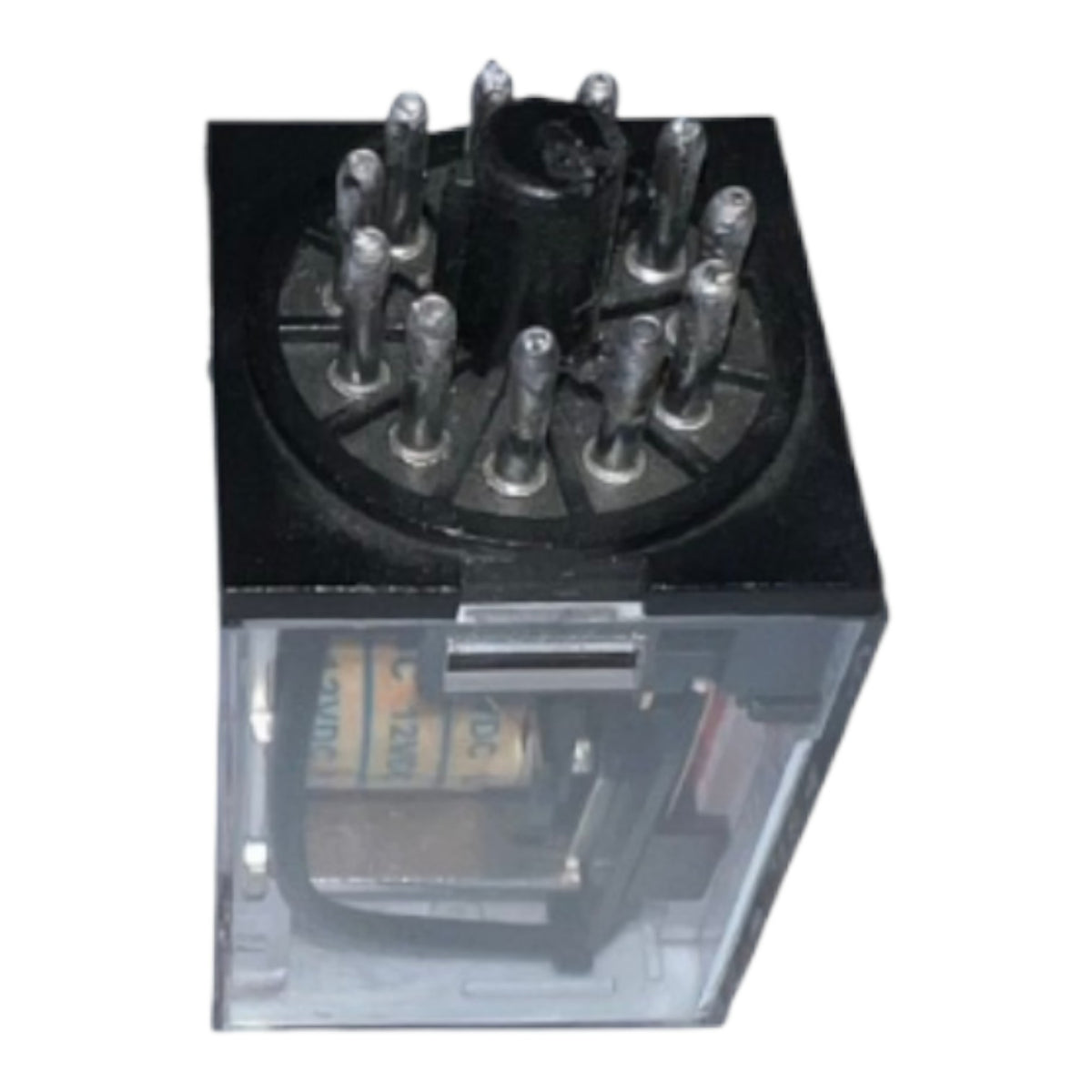 A black electrical relay with a clear plastic housing, showing internal coil components and multiple metal terminal posts on top, isolated on a white background.