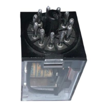 A black electrical relay with a clear plastic housing, showing internal coil components and multiple metal terminal posts on top, isolated on a white background.