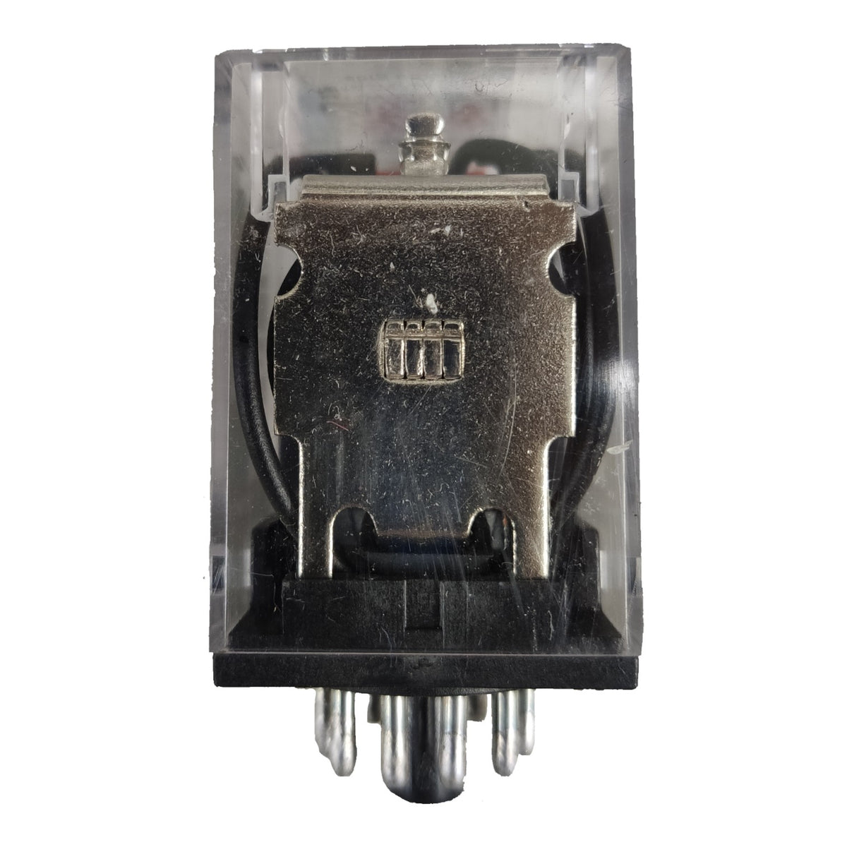 A small electronic component with a clear plastic housing, a metallic silver center section, a black base, and several silver pins extending downward, shown on a plain white background.
