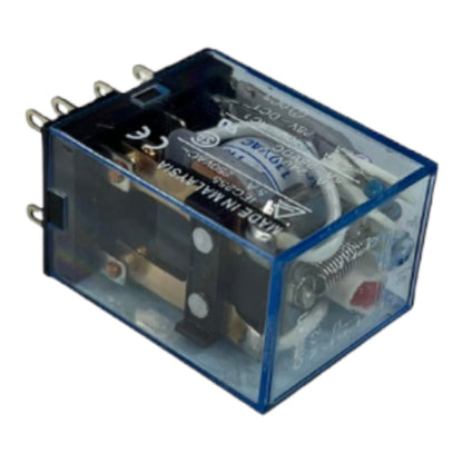 A blue transparent plastic electrical relay with internal black and silver components, white wire leads, and a small red button, shown on a plain white background.