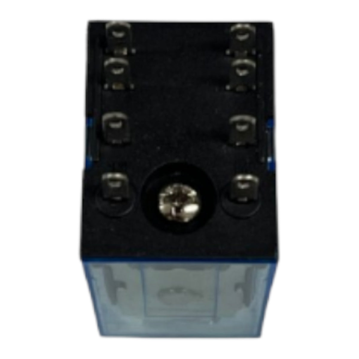 A small black electrical relay component with a translucent blue lower housing and multiple metal terminal screws on top, shown against a plain white background.