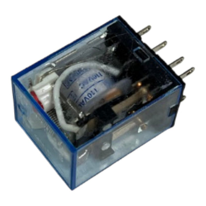 A small electrical relay with a transparent blue plastic case, internal coil, and metal terminal pins, shown on a plain white background.