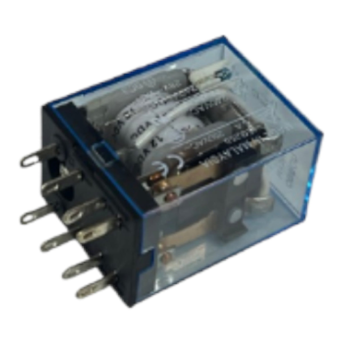 A small electrical relay with a transparent blue plastic casing, black base, and multiple metal terminal pins, shown on a plain white background.