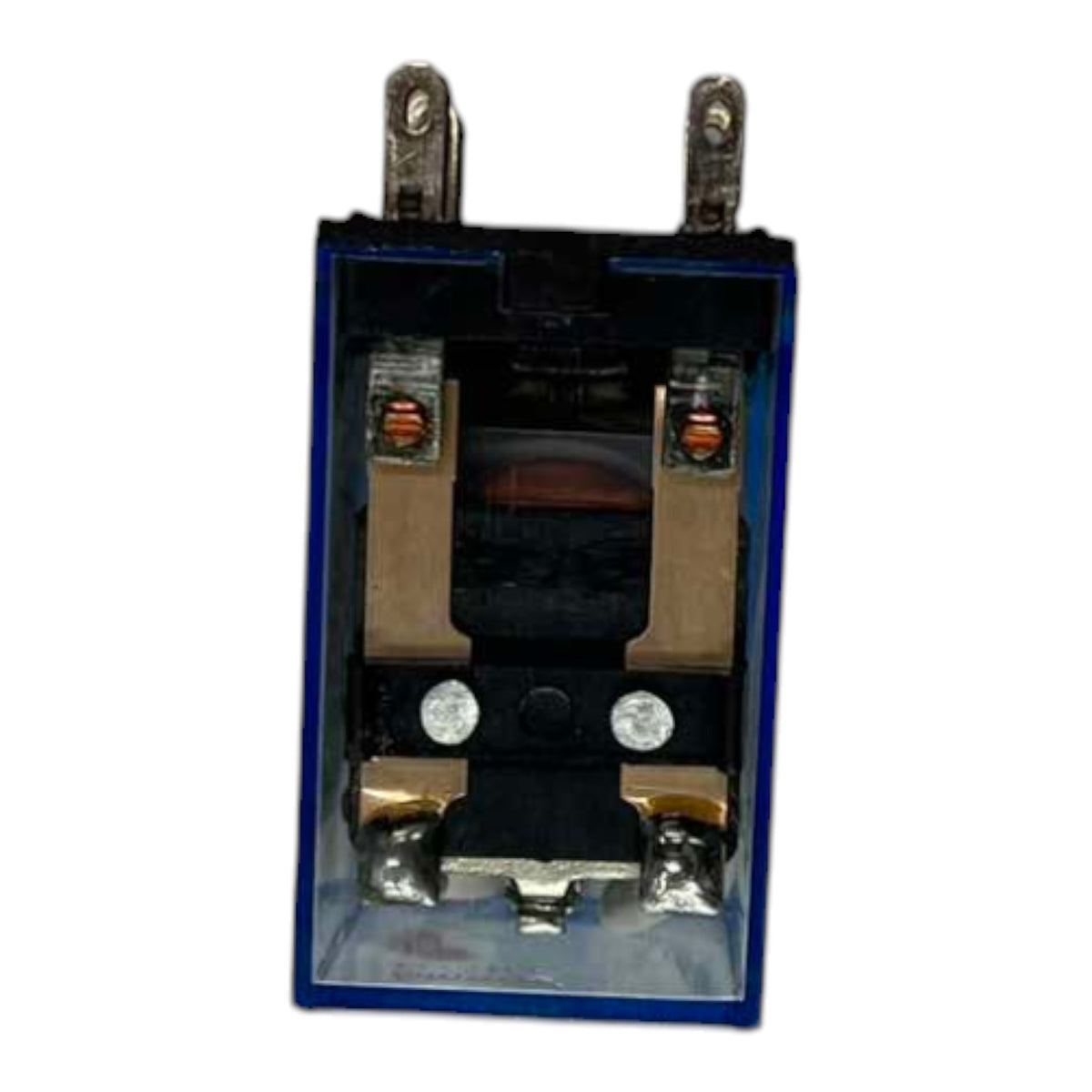 A small electrical contactor or relay component with a blue outer frame, black internal body, metallic silver and gold-toned terminals, and copper-colored screw details, shown on a plain white background.