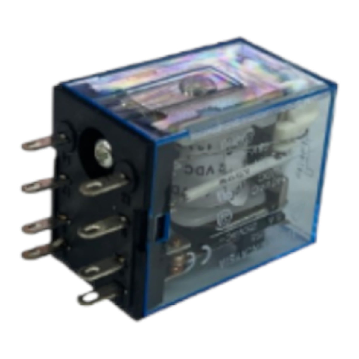A small electrical relay component with a transparent blue plastic housing, black side casing, and multiple metal terminal pins on the left, shown on a plain white background.