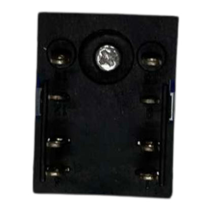 A black plastic dual battery holder with six metal terminals, featuring a central screw and two circular cutouts at the top, shown against a plain white background.