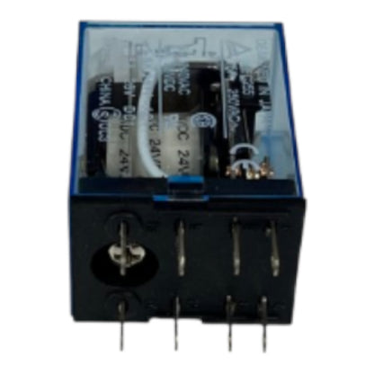 A black electrical relay with a transparent top cover showing internal components, on a plain white background.