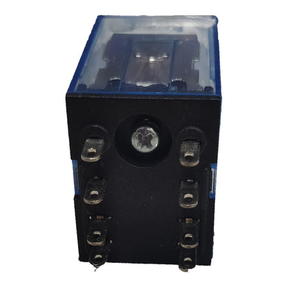 A black electrical relay component with a blue side frame, a clear plastic top cover, and multiple metal screw terminals, shown against a plain white background.