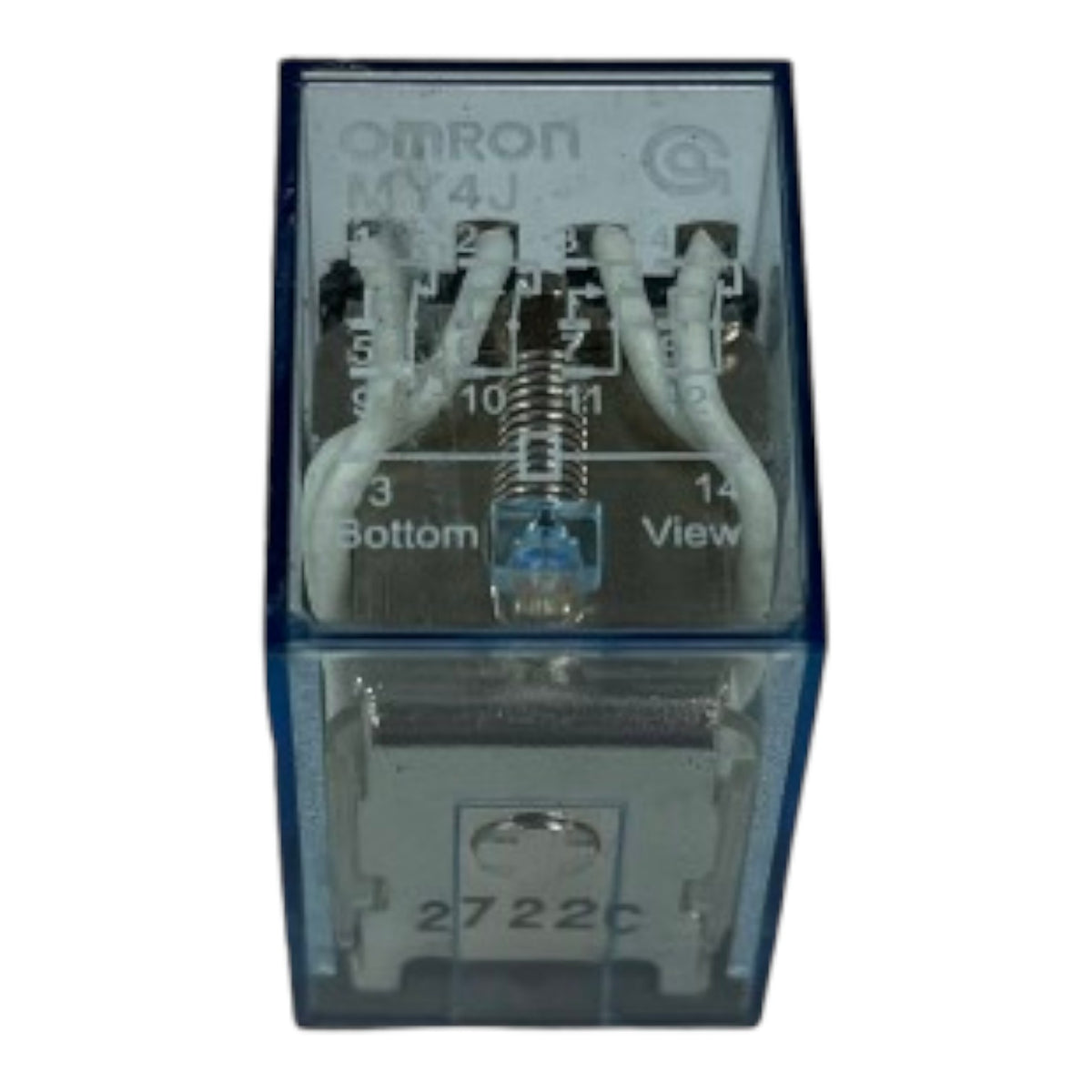 An Omron MY4J relay contact module with a blue translucent plastic casing, showing internal metal contacts and white terminal wires on a white background.
