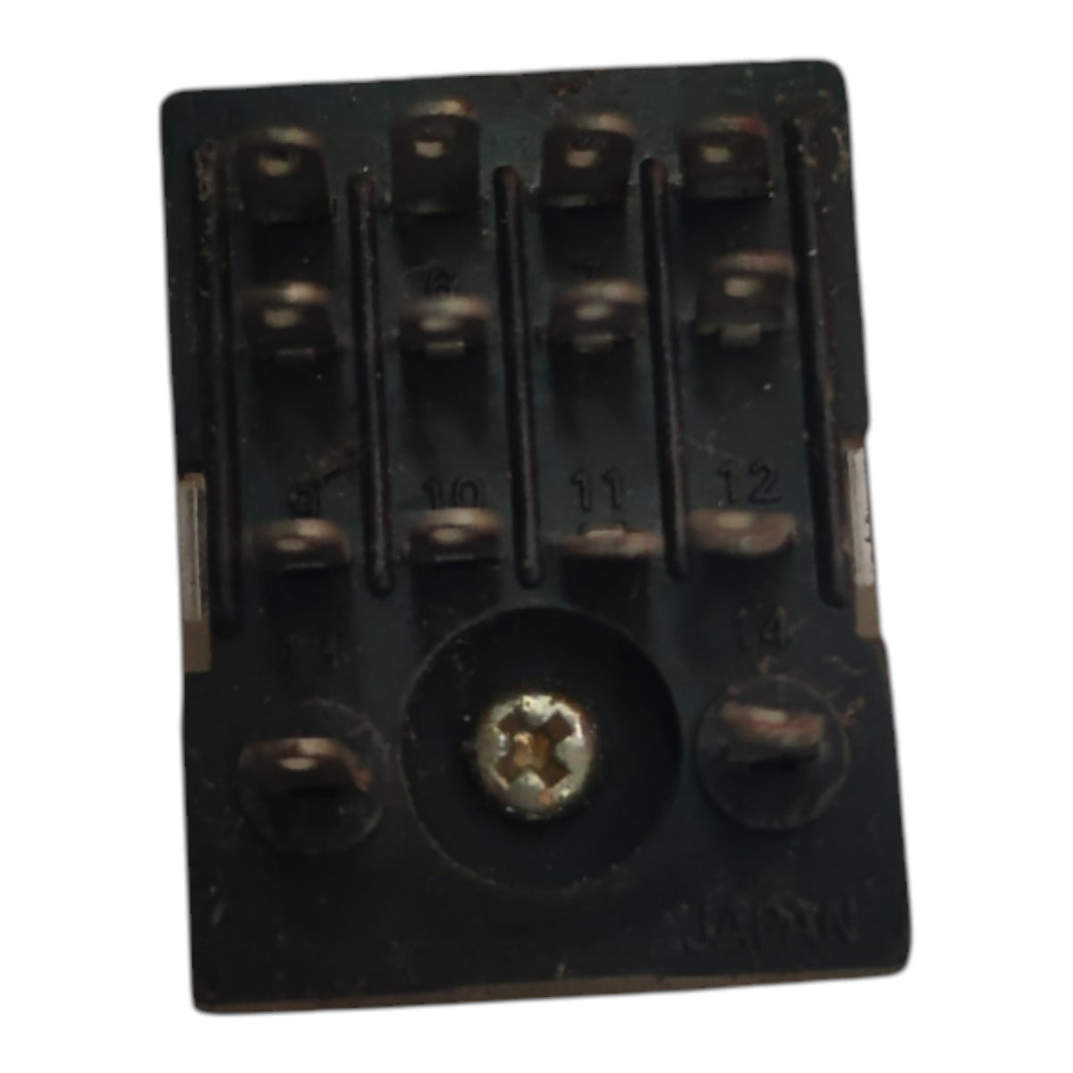 A small black plastic electrical connector block with multiple metal screw terminals and a central screw, photographed on a plain white background.