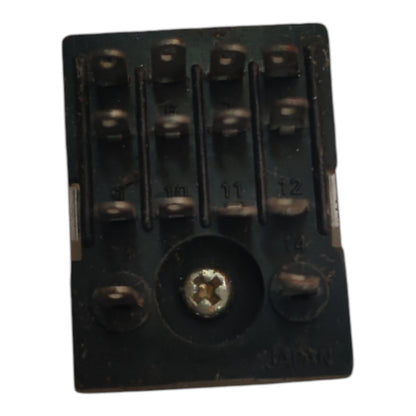A small black plastic electrical connector block with multiple metal screw terminals and a central screw, photographed on a plain white background.