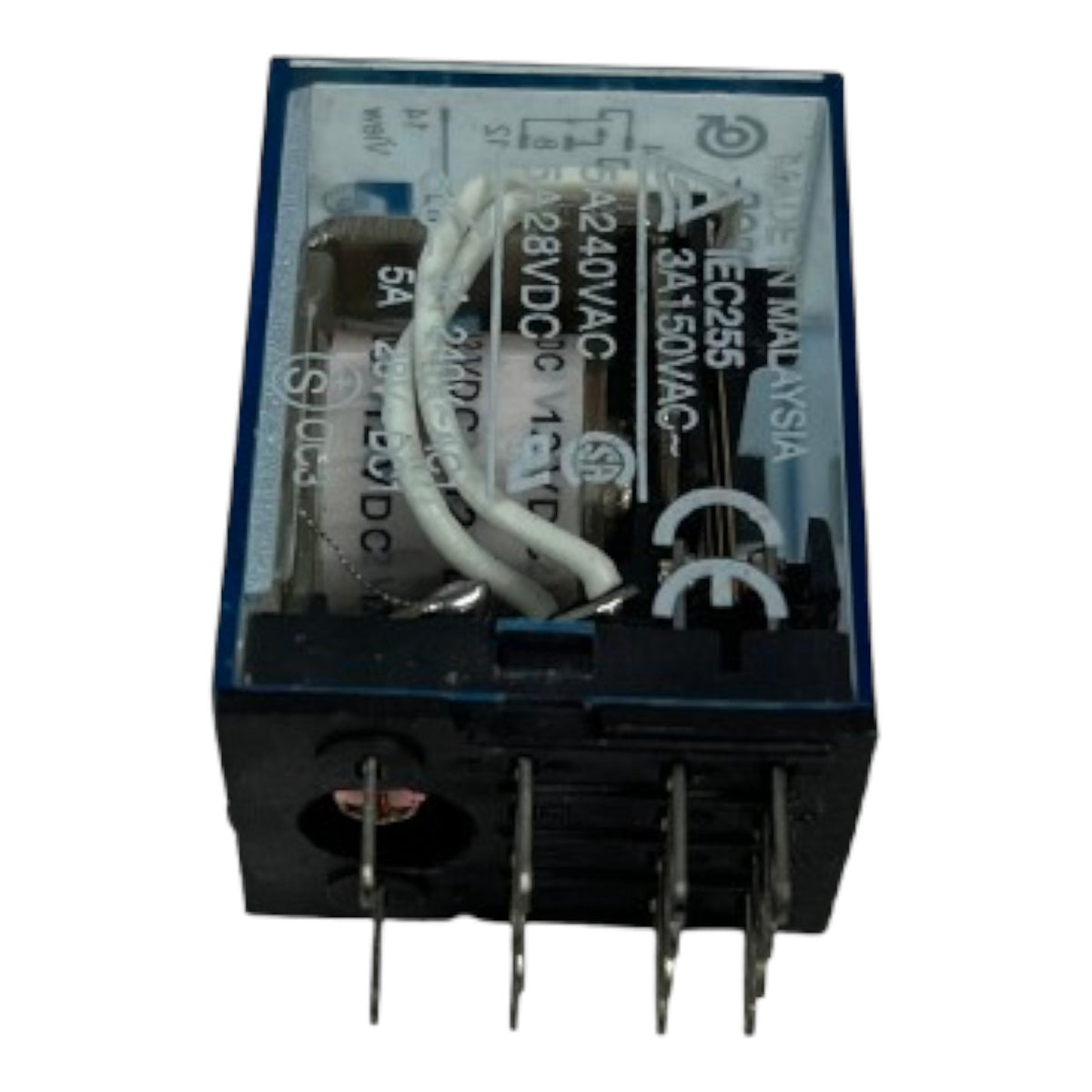 A small electrical relay with a clear plastic top cover, black base, white internal wires, and metal pins extending from the front, photographed on a plain white background.