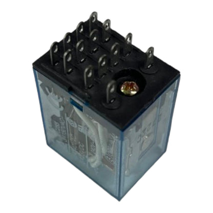 A 5-way automotive relay with a translucent blue plastic housing, black top terminal cover, and multiple metal pins, shown on a white background.
