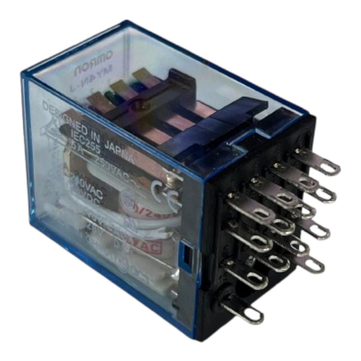 A small electrical relay component with a transparent blue plastic housing, black terminal base, and multiple metal screw terminals on one side, shown on a plain white background.