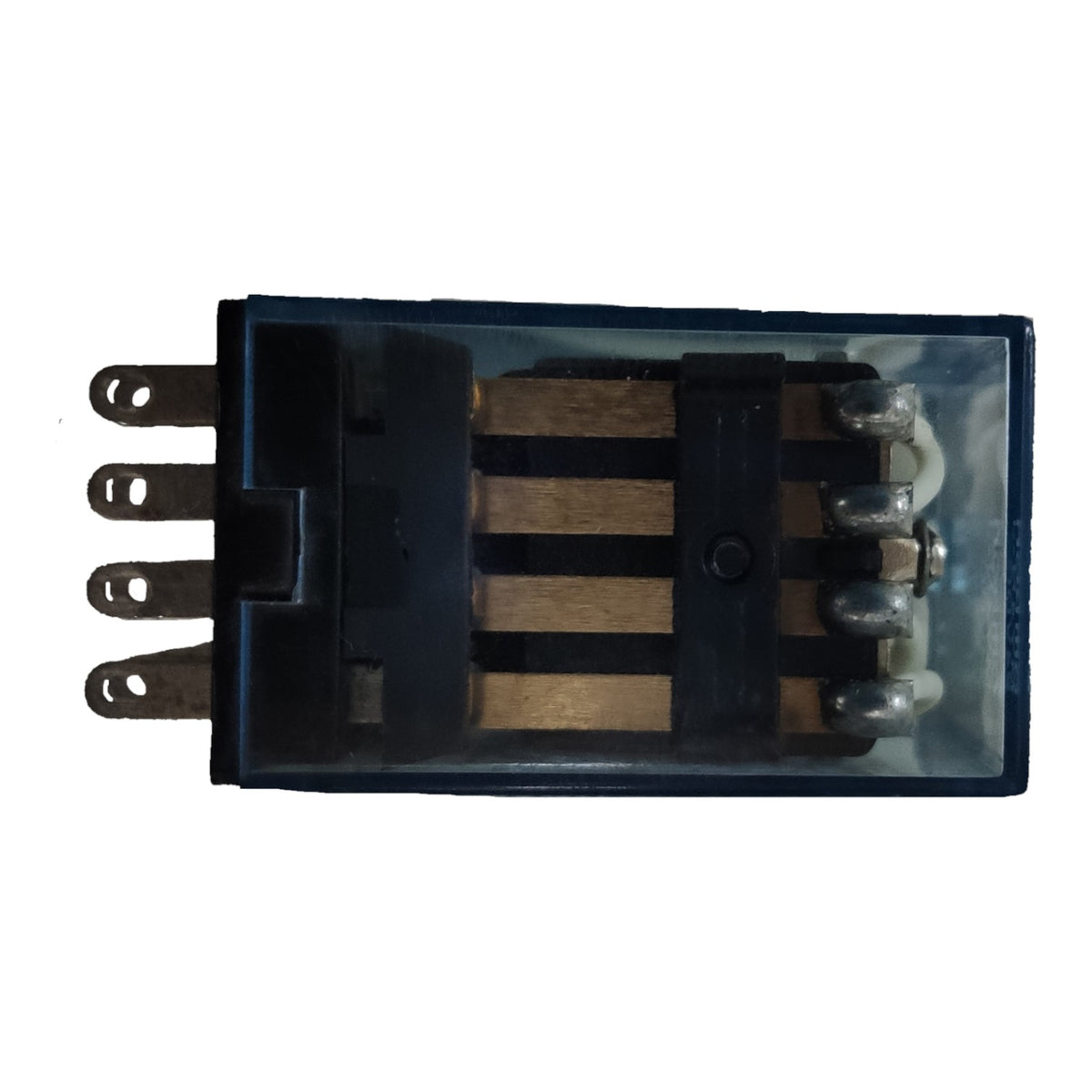 A small electrical relay or switch component with a dark blue housing, clear top cover, internal striped core, and metal terminals, shown on a plain white background.