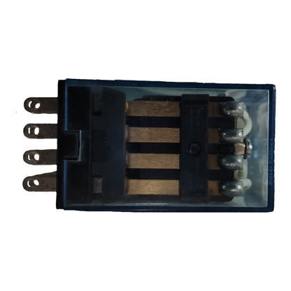 A small electrical relay or switch component with a dark blue housing, clear top cover, internal striped core, and metal terminals, shown on a plain white background.
