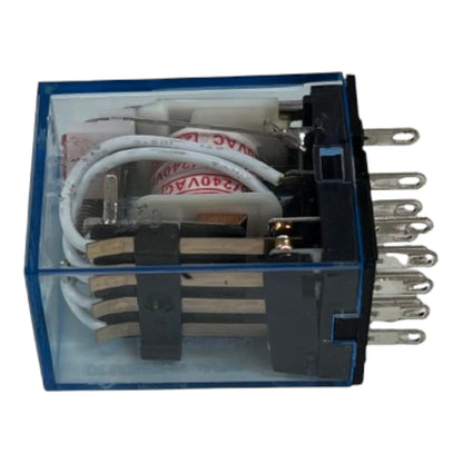 A small electrical relay with a transparent blue plastic case, black internal components, white wires, and silver metal terminal posts on a plain white background.