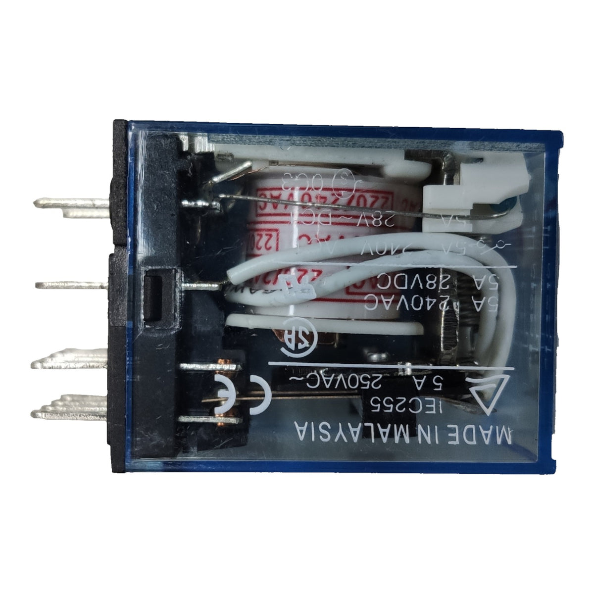 A small electrical relay component with a blue plastic housing, clear front cover, white internal wires, and metal terminal pins on a plain white background.