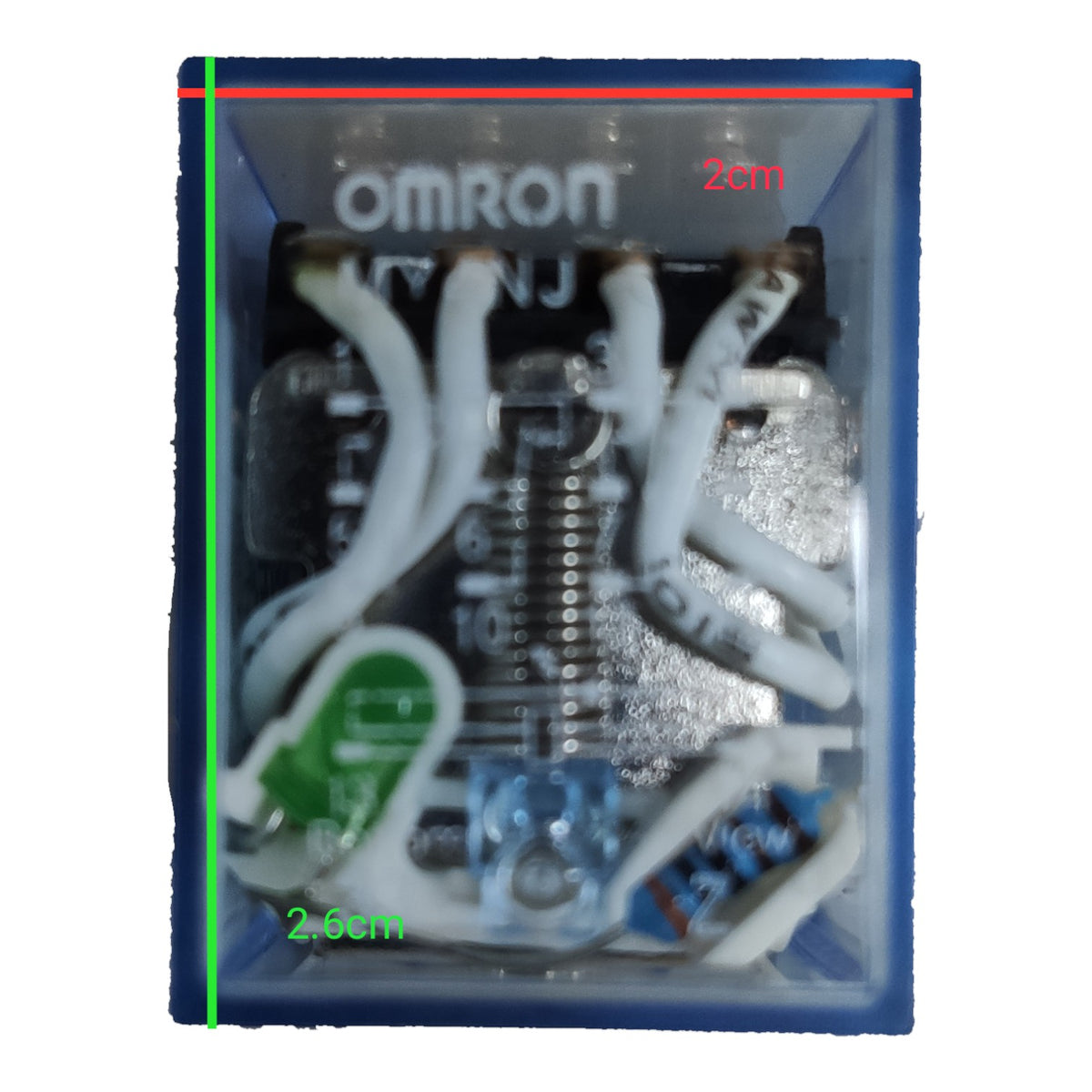An Omron 2x2 inch plastic DIP switch module with internal electronic components visible through a clear cover, shown on a white background with red and green dimension lines and text indicating 2cm by 2cm.