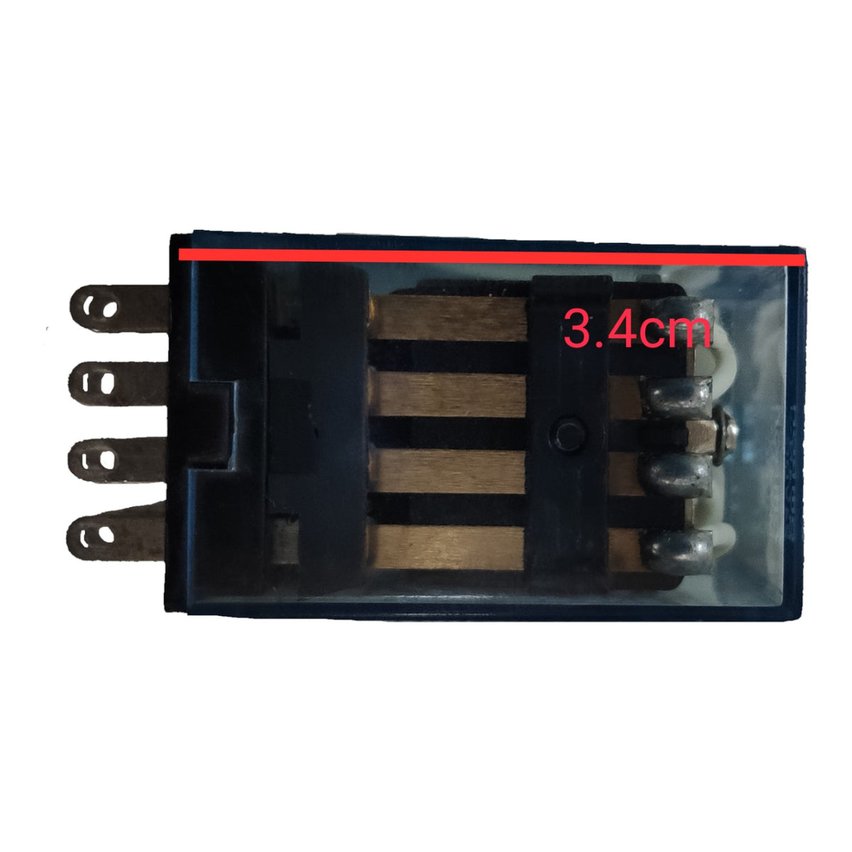 A small rectangular electronic component with metal terminals on the left, a transparent cover, and internal striped elements. Red text on the image reads '3.