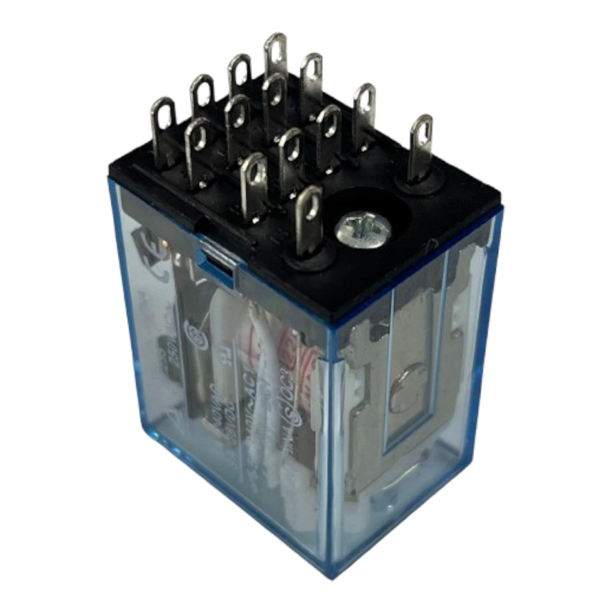 A square electrical relay with a transparent blue plastic housing, a black top terminal cover, and multiple metal screw terminals, shown on a plain white background.