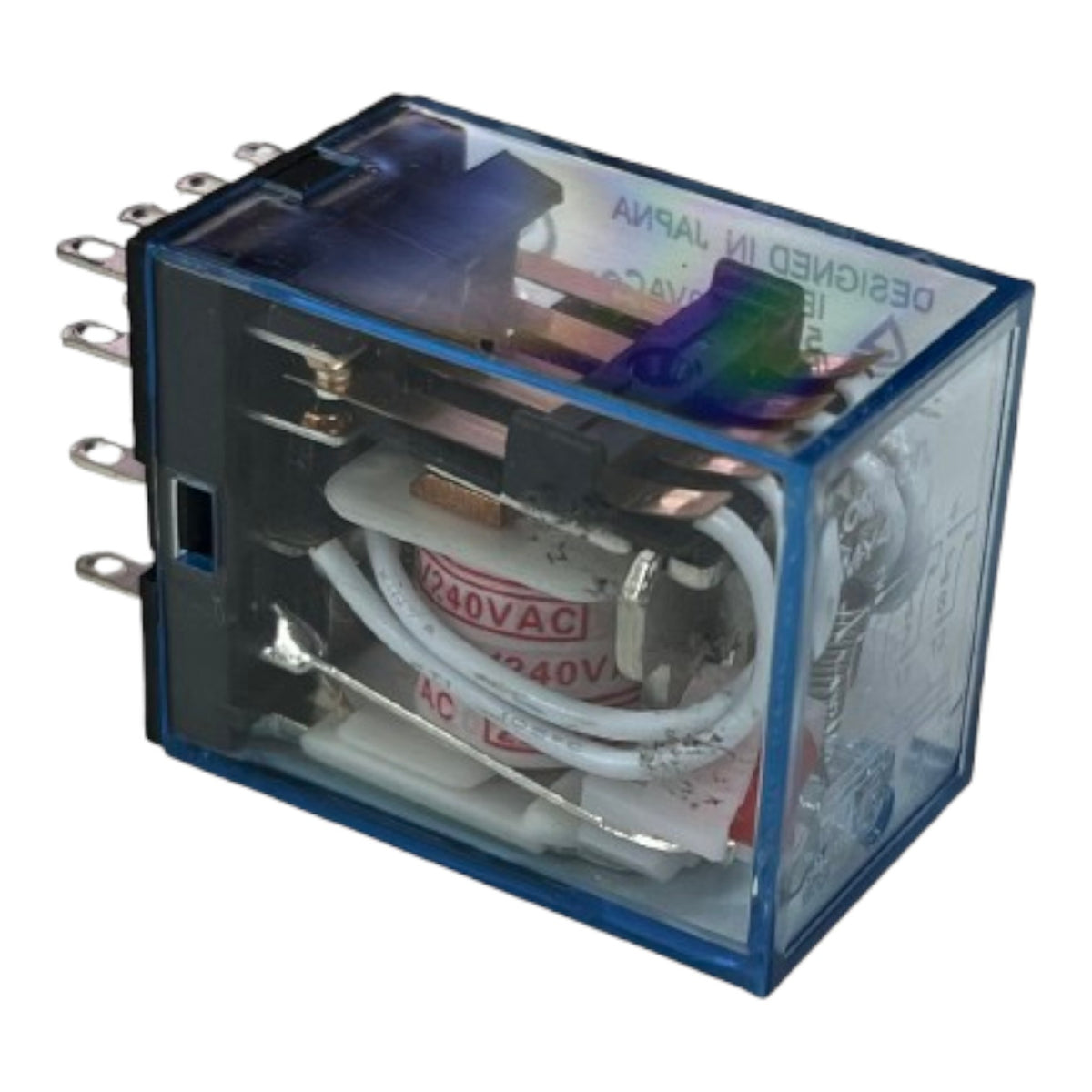 A transparent blue plastic electrical relay component with visible internal wiring, terminal posts on the left, and printed text on the top and side, shown on a plain white background.