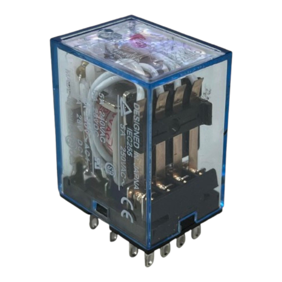 A transparent blue plastic electrical relay with internal black and copper components, white wiring, and metal pins at the base, shown on a plain white background.
