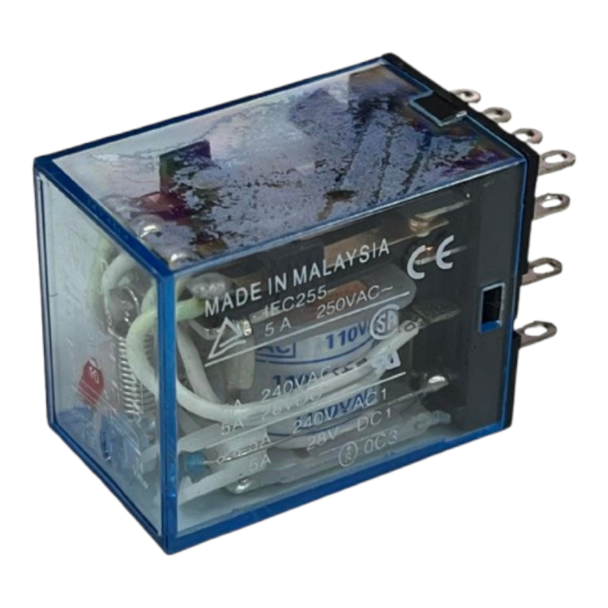 A 5A 250VAC electrical relay with a transparent blue plastic casing, showing internal wiring and terminals on a white background.