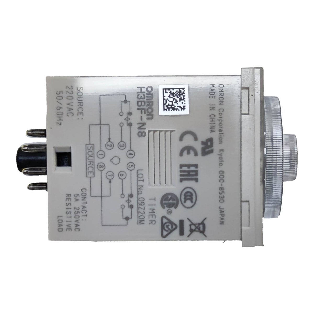 Omron H3BF-NB contact module, 30V AC/DC, 5A, showing the side with technical specifications, diagrams, and certification logos on a white background.