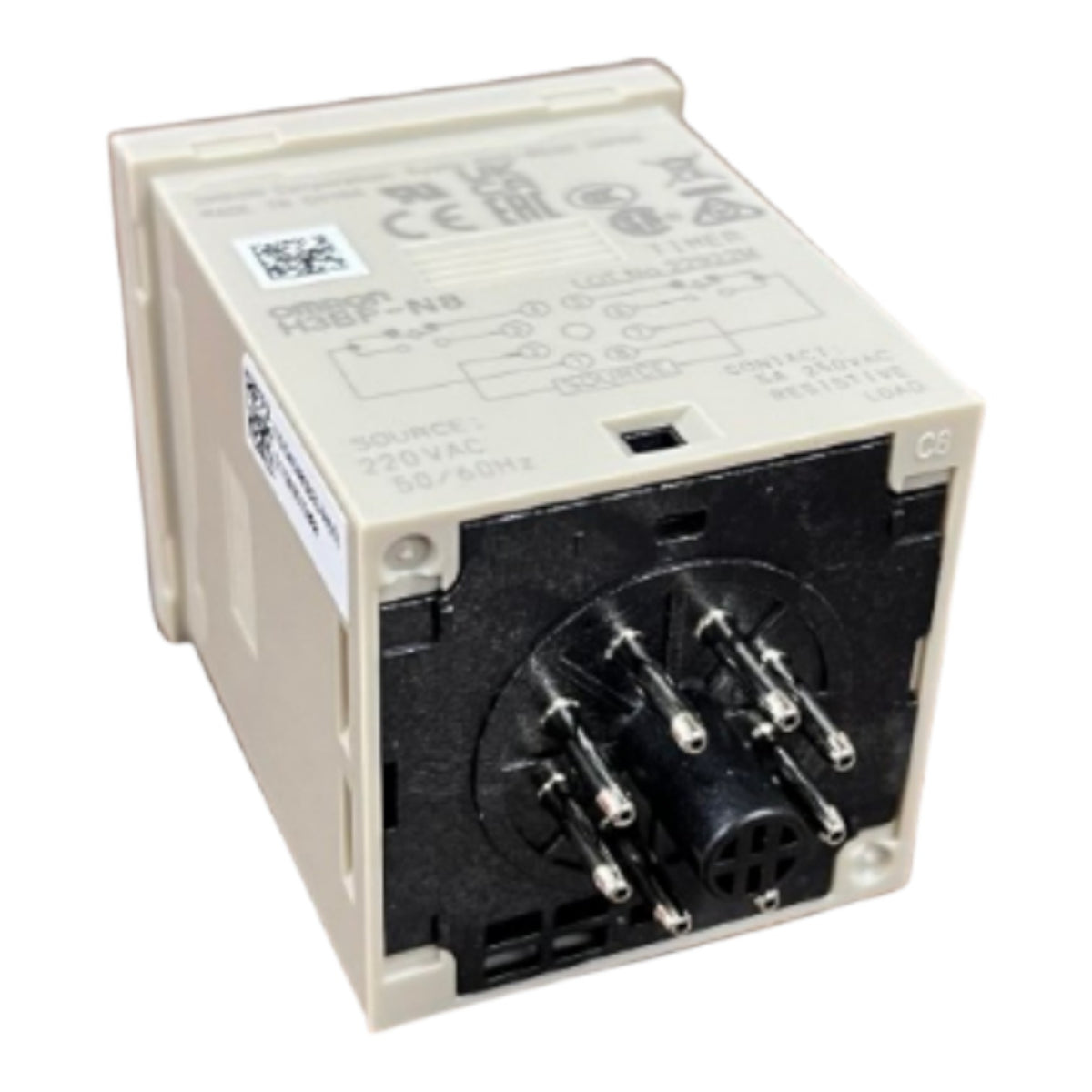 A compact electrical relay module with a beige plastic housing, a black front connector faceplate, and printed technical specifications and symbols on the top surface.