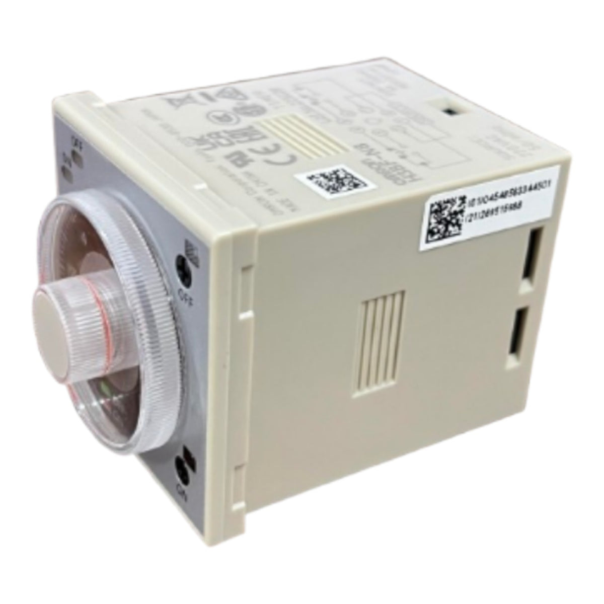 A beige electrical timer or relay module with a clear plastic dial on the front, photographed on a plain white background.