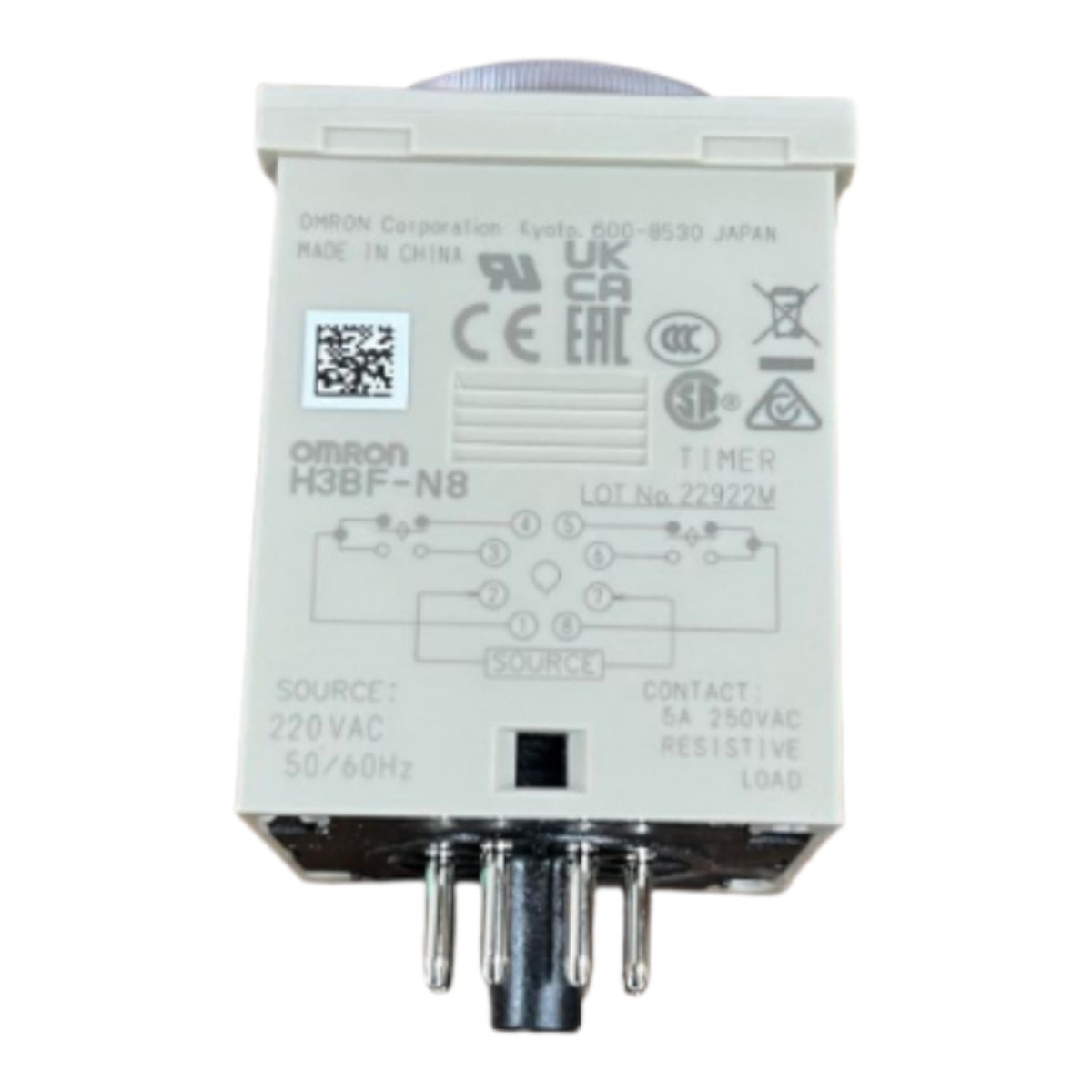 An Omron H3BF-N8 timer relay module, showing the front face with printed specifications, certification logos, and a terminal connection diagram, on a white background.