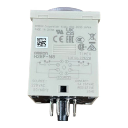 An Omron H3BF-N8 timer relay module, showing the front face with printed specifications, certification logos, and a terminal connection diagram, on a white background.