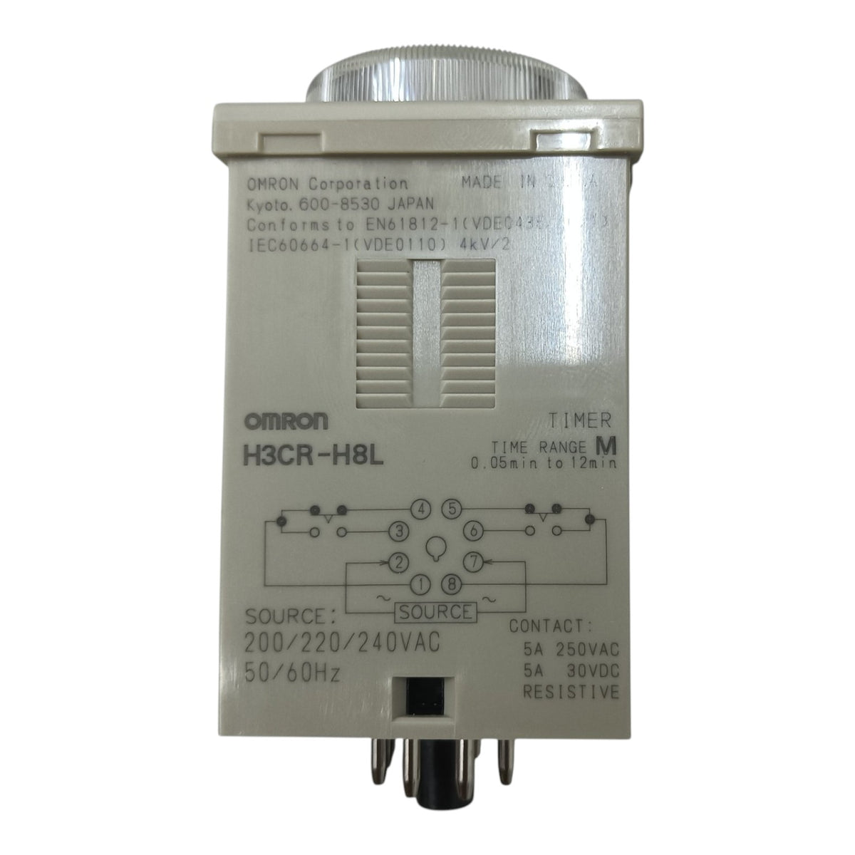 An Omron H3CR-H8L electrical timer relay unit with a gray plastic housing, silver metal top and bottom terminals, and printed technical specifications and wiring diagrams on the front.