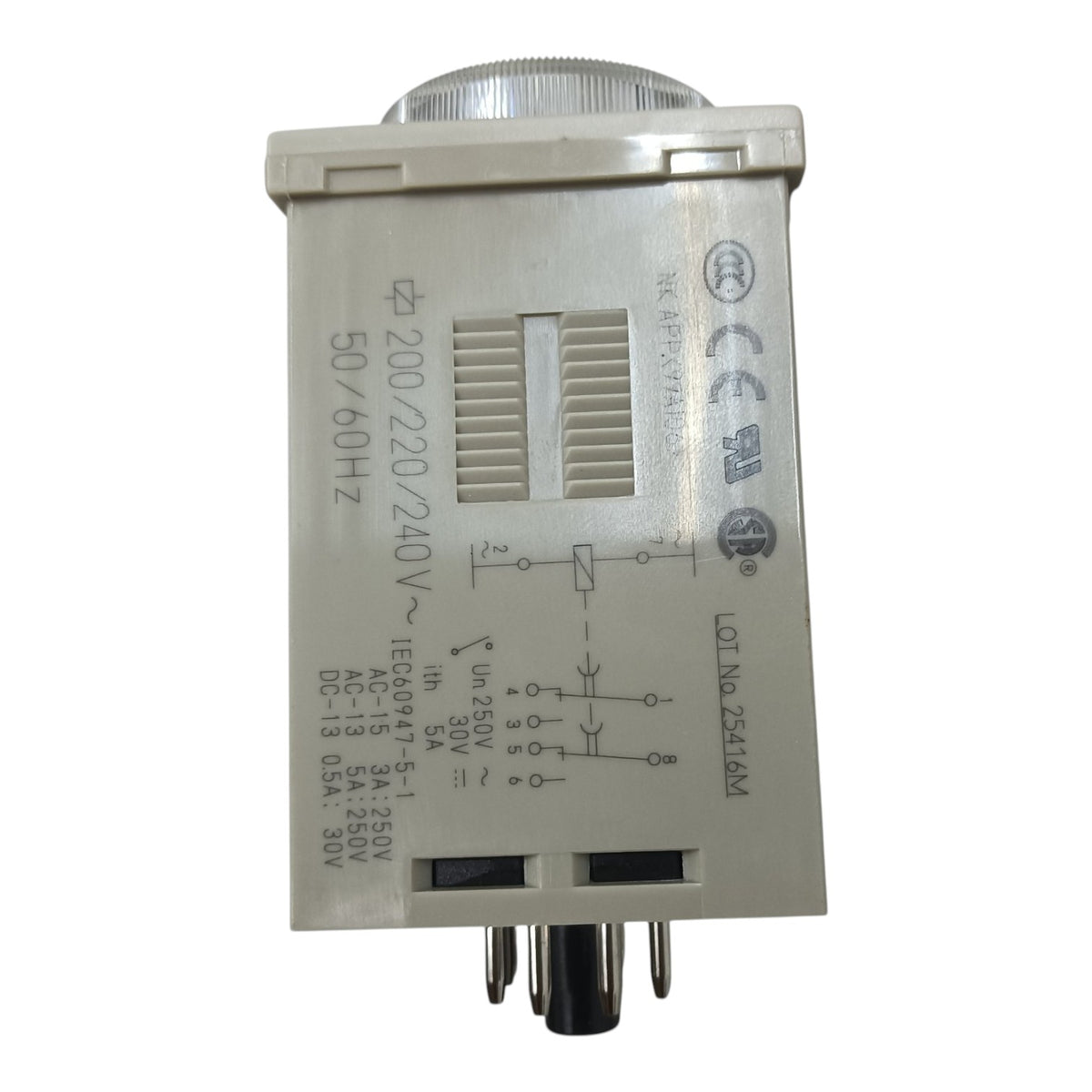 A small industrial electronic component, likely a relay or transistor module, with a beige plastic housing, printed technical specifications, a schematic diagram, and a circular connector plug at the bottom, shown on a plain white background.