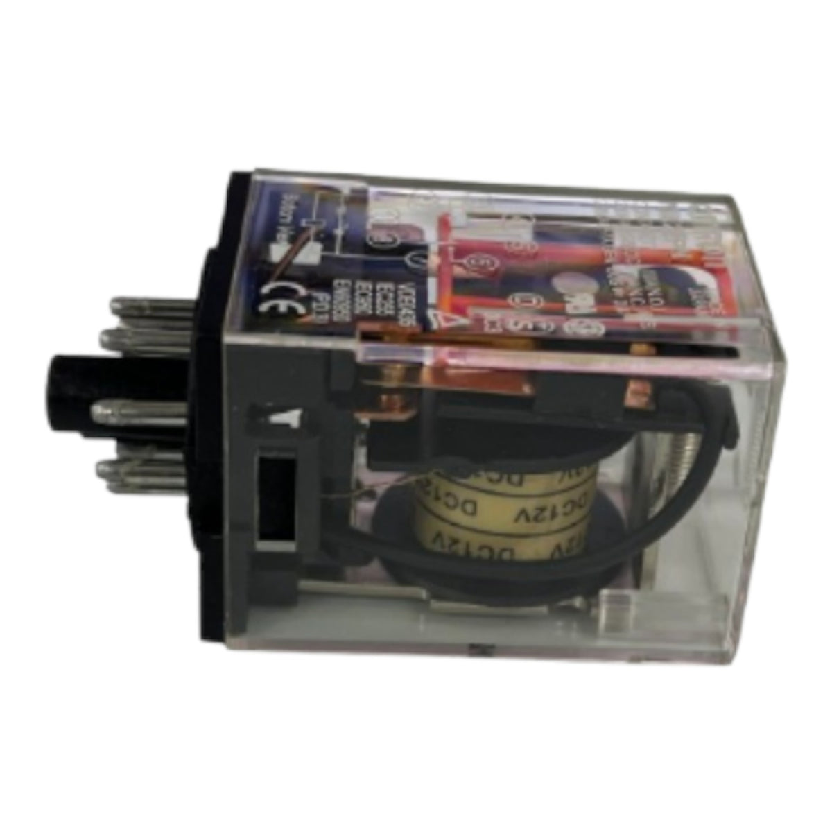 A miniature electrical relay with a clear plastic housing, black metal core, and multiple terminal pins on the left, shown against a plain white background.