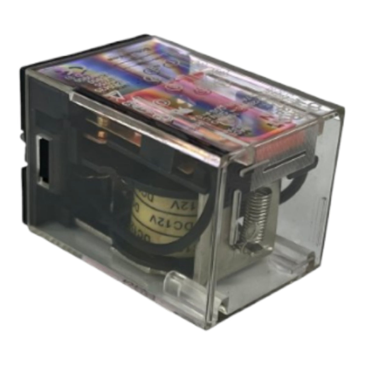 A clear plastic electrical relay component with internal black and gold-toned coils, a metal spring, and a colorful printed top cover, shown on a plain white background.