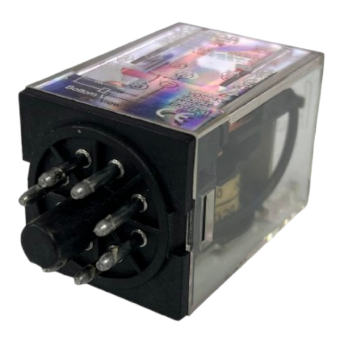 A black electrical relay with a clear plastic cover on one side, featuring multiple metal pins on the front and a colorful printed label on top, isolated on a white background.