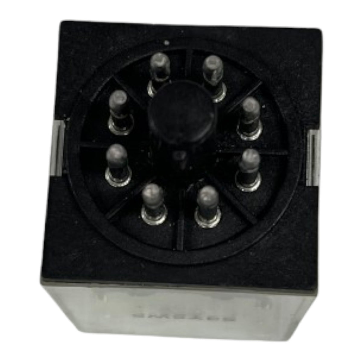 A black square electronic relay component with a circular multi-pin terminal block and a translucent clear lower housing, shown on a plain white background.