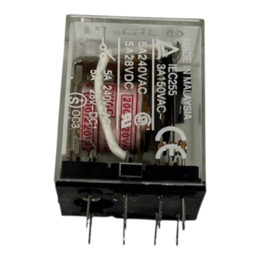 A 5A 240VAC relay electrical component with a clear plastic casing, black base, and internal white and red wires, shown on a white background.