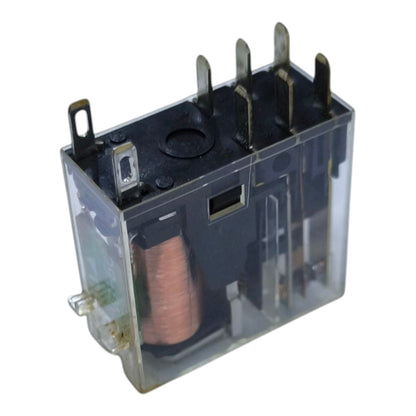 A small electrical relay component with a transparent plastic housing, black internal mechanism, copper coil, and multiple metal terminal posts on top, shown on a plain white background.
