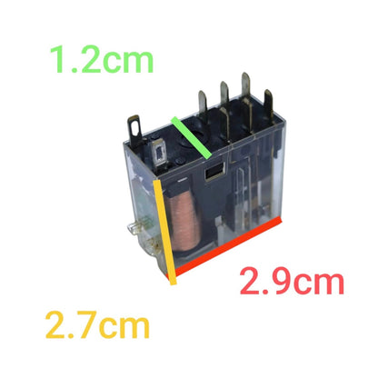 A small transparent electrical relay component on a white background with overlaid dimension labels: 1.2cm in green near the top, 2.