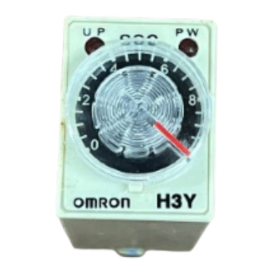 An Omron H3Y pneumatic timer relay with a beige plastic housing, a black and white dial, and a red pointer, isolated on a white background.