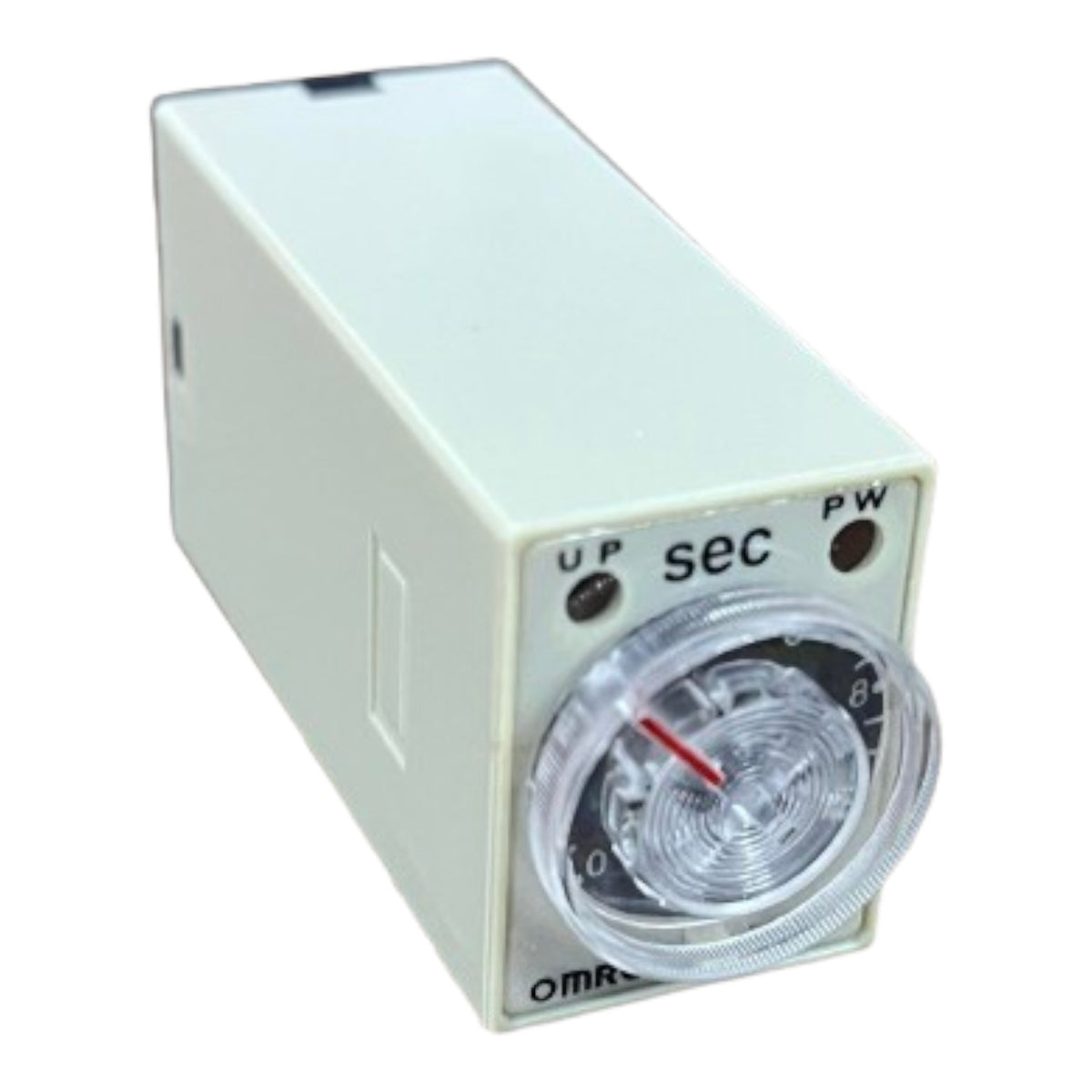 An Omron programmable timed relay module with a beige plastic housing, featuring a clear dial window showing a red pointer and a 0-10 second scale.