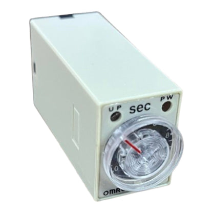 An Omron programmable timed relay module with a beige plastic housing, featuring a clear dial window showing a red pointer and a 0-10 second scale.