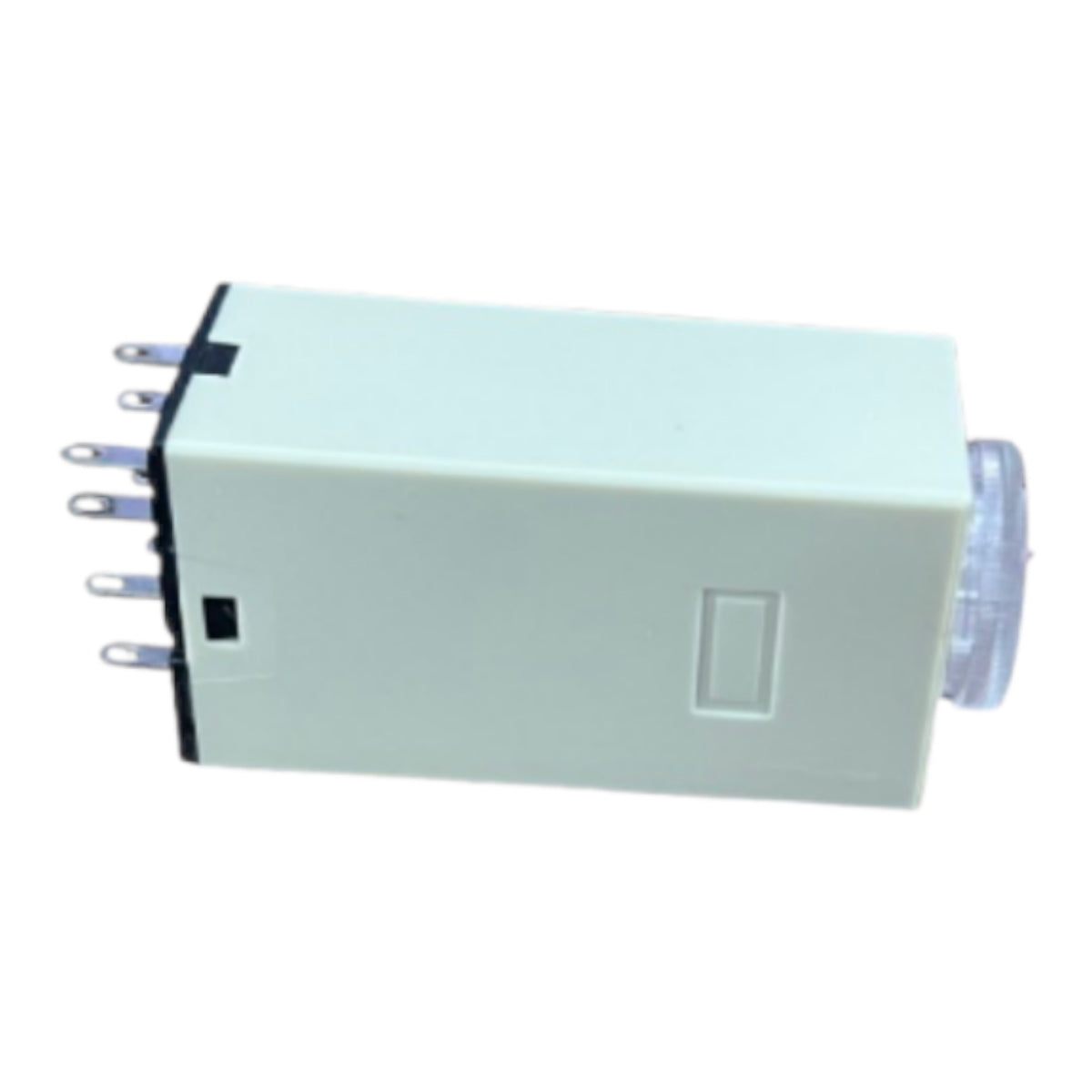 A small rectangular electronic component with a pale mint-green body, a black terminal strip on one end with several metal pins, a recessed button on the side, and a translucent circular element on the other end, shown on a plain white background.